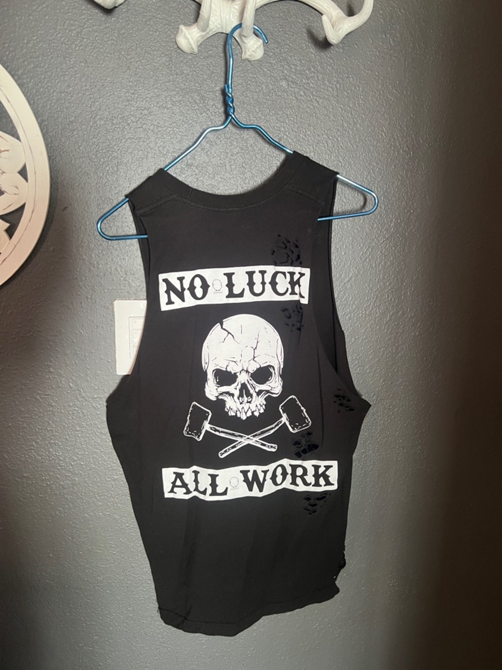 Graphic Skull Tank Top - "No Luck All Work" - Black & White medium